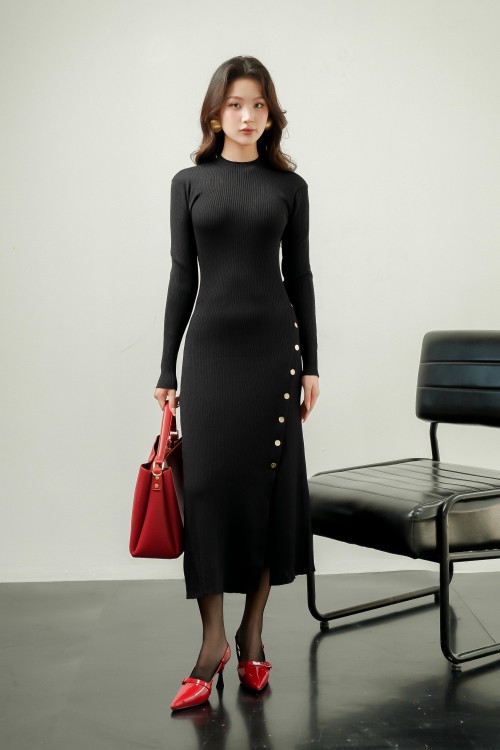 Sixdo Black Long Sleeve Midi Woven Dress